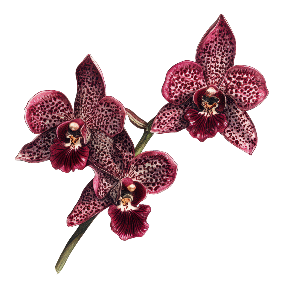A striking maroon vinous spotted orchid branch showcasing vibrant colors and intricate patterns, A branch of a maroon vinous spotted orchidIsolate png
