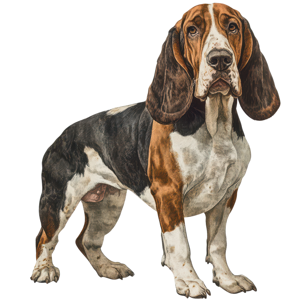 Basset Hound with distinctive features standing confidently against a clean backdrop, Bas Hound dog on transparent background png