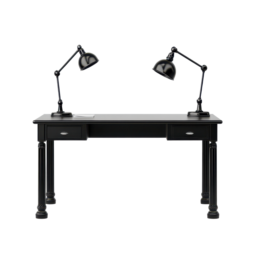 Elegant black office desk with two lamps showcased on a transparent background, Black office desk with lamp table isolated on transparent background png