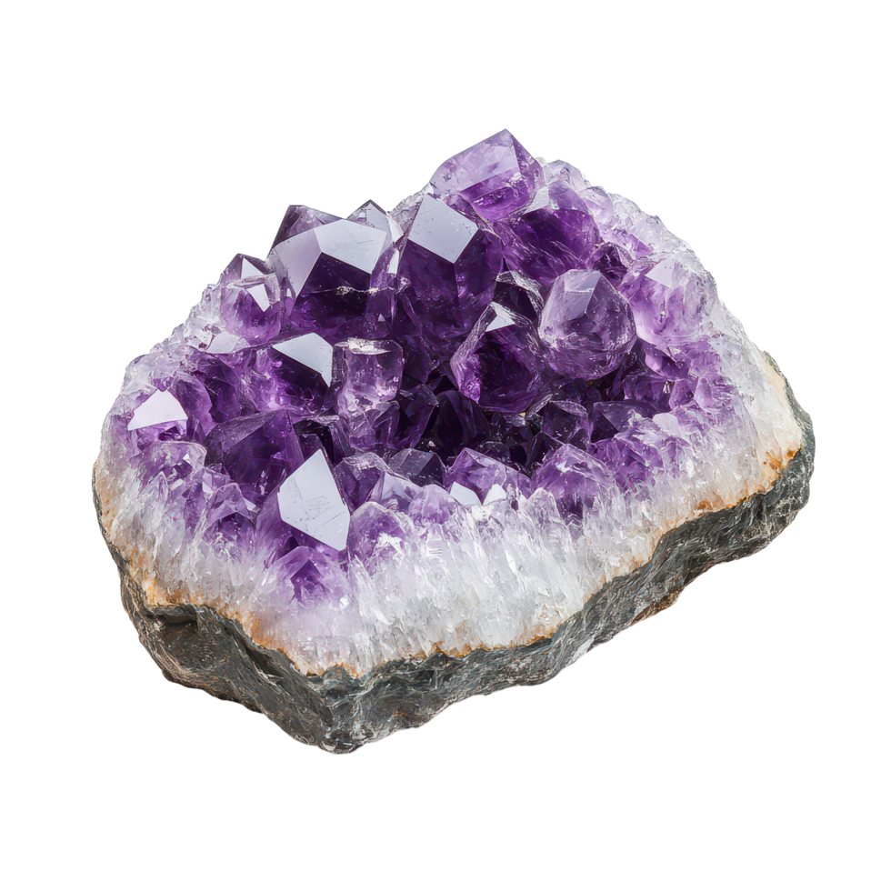 Amethyst crystal druse macro view showcasing intricate natural formations in purple hues, Amethyst crystal druse macro mineral isolated on transparent background png