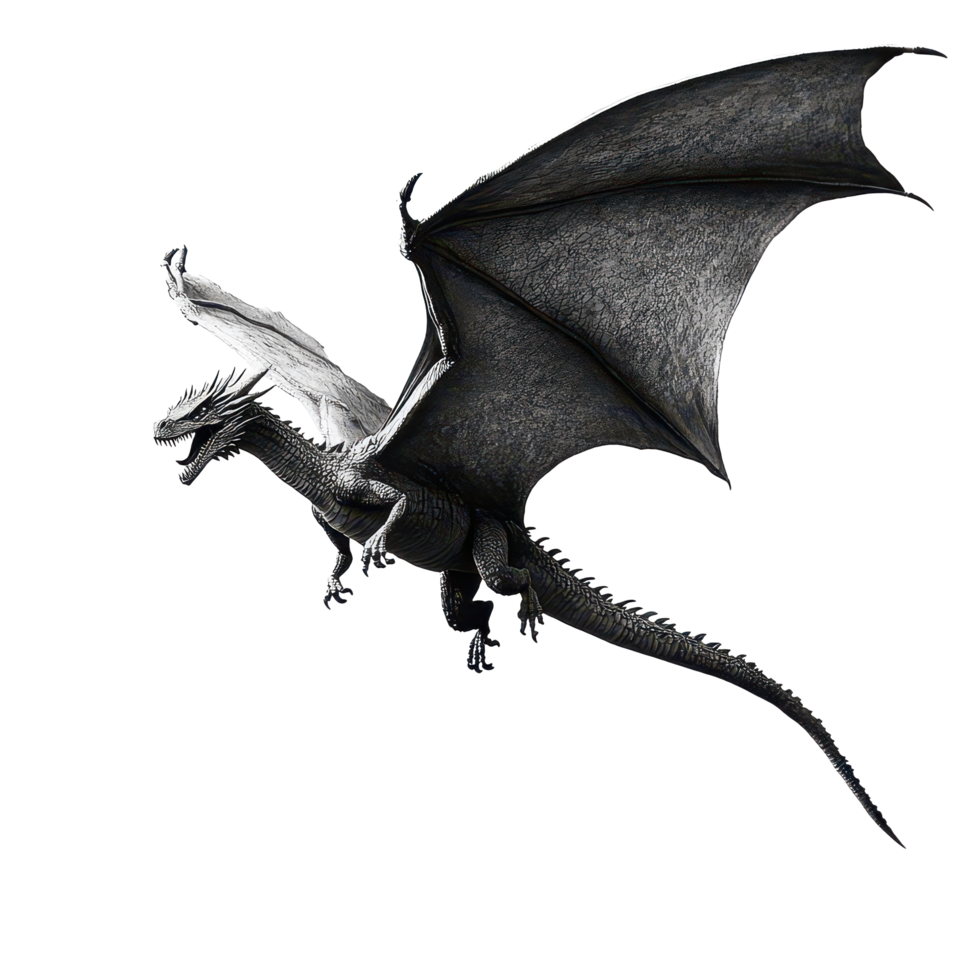 A majestic dragon soars through a transparent background, showcasing its impressive wings and fierce expression, black and photo a dragon flying, transparent background png