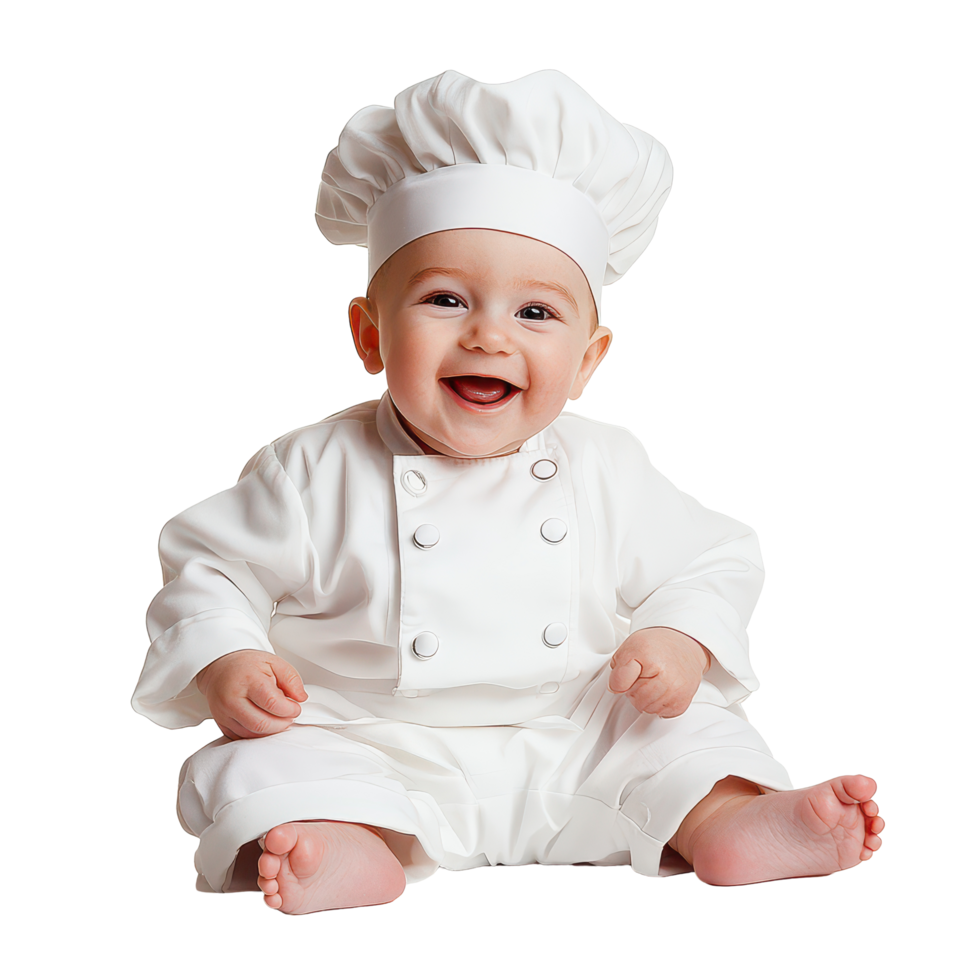 Adorable baby boy dressed in a chef s outfit sitting happily on a transparent background, Baby Boy in Chef s Outfit on transparent background png