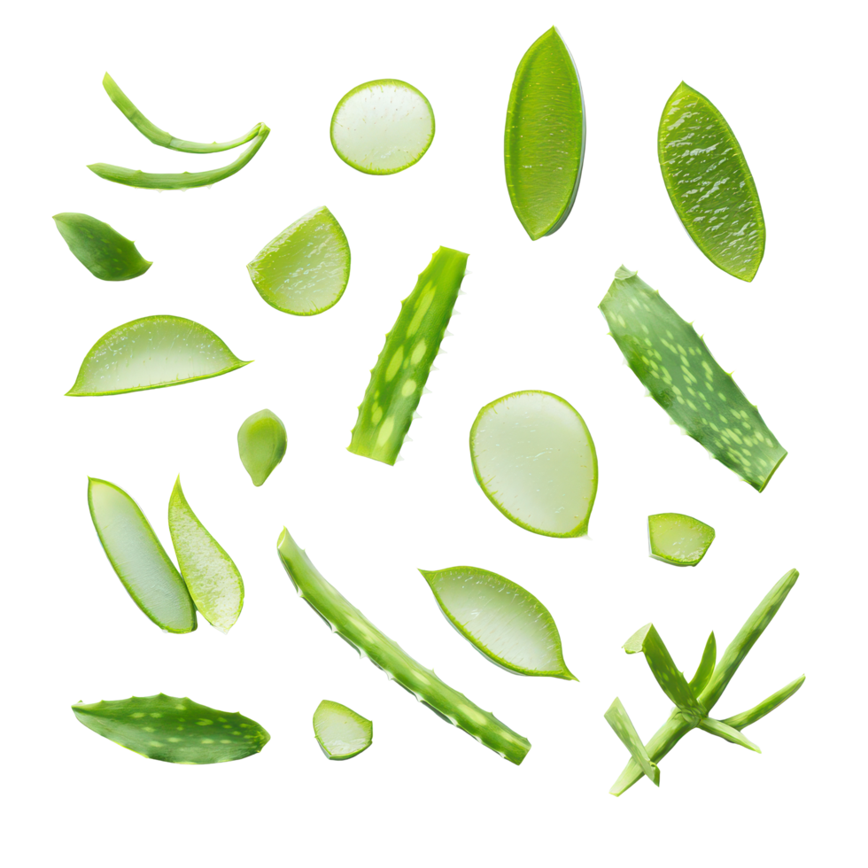 Fresh aloe vera leaves and slices arranged on a transparent background showcasing their vibrant green color and texture, Aloe vera fresh leaves with slices on transparent background png