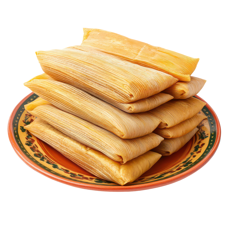 Stacked tamales on a colorful traditional Mexican plate in a vibrant kitchen setting, a stack of tamale on traditional mexican plate isolated on transparent background png