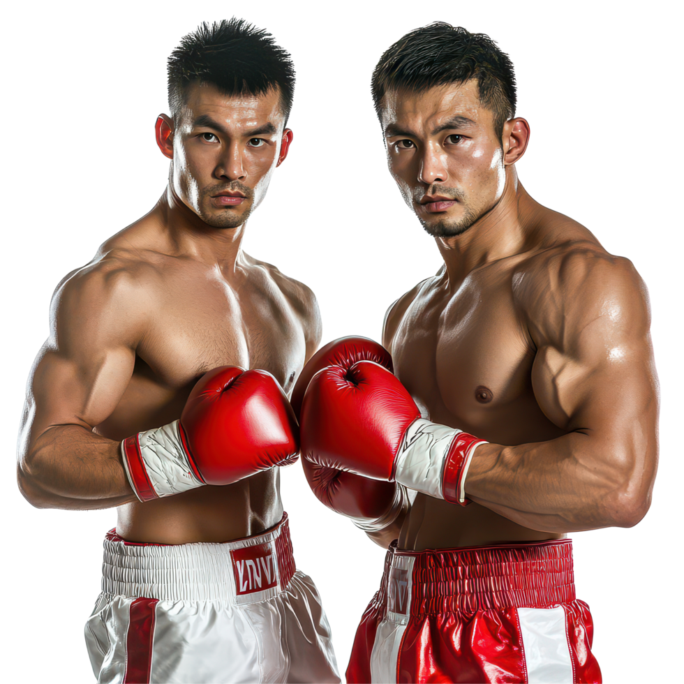 Asian boxers pose in gear, showing their athleticism and readiness for the match, Asian Professional Boxers Ready to Fight on transparent background png