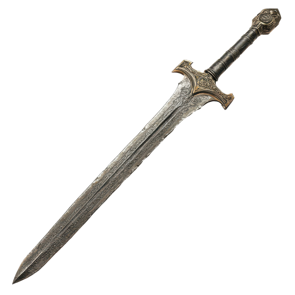 Ancient metal sword featuring intricate designs displayed against a transparent background, Ancient Metal Sword with Design, transparent background. png