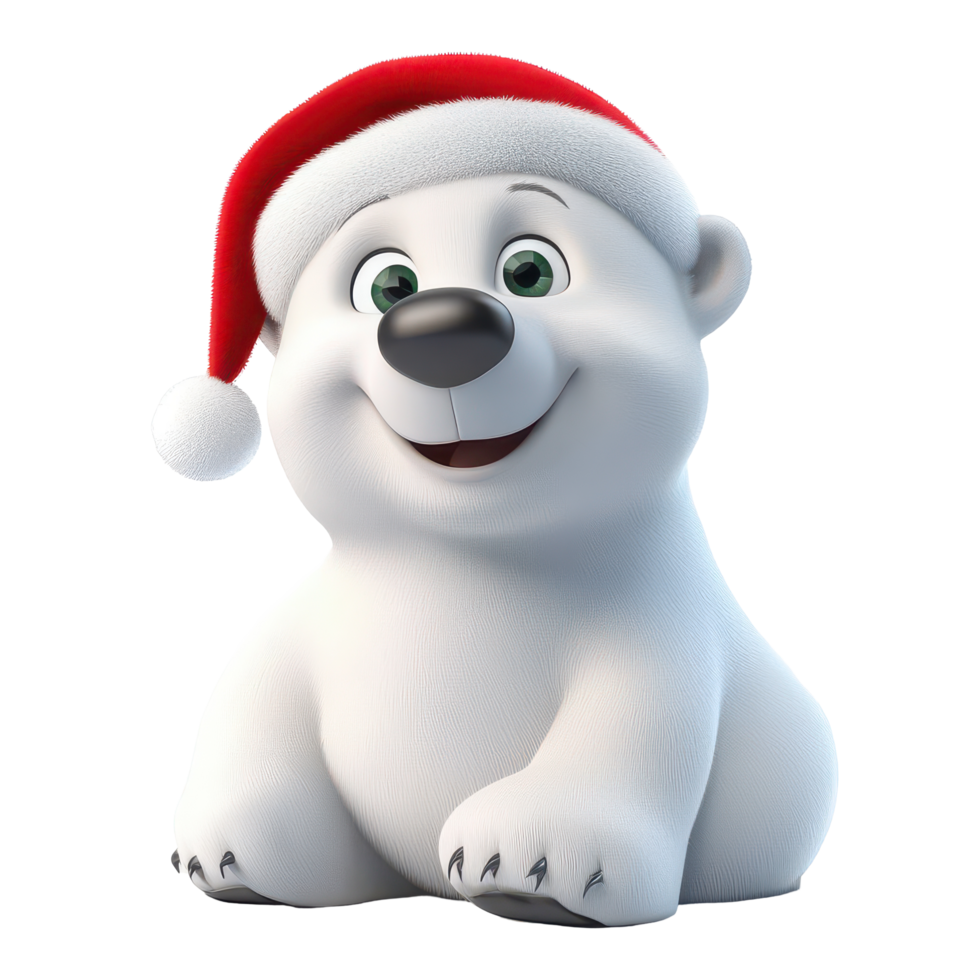 A cheerful cartoon polar bear wearing a Santa hat on a bright transparent background ready for the holiday season, 3D Cartoon Polar Bear in Santa Hats on transparent background png