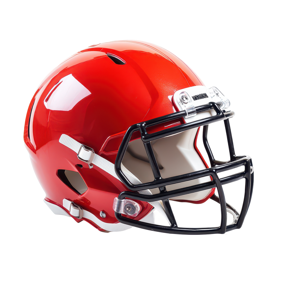A bright red football helmet stands out against a transparent background, showcasing its sleek design and protection, A football helmet on a clean transparent background png
