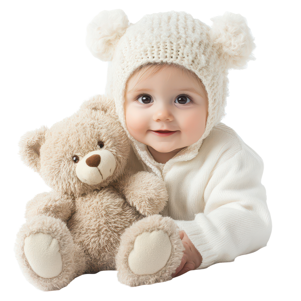 Adorable baby wearing a cozy hat cuddling a teddy bear on a soft transparent background, baby with teddy bear on transparent background png