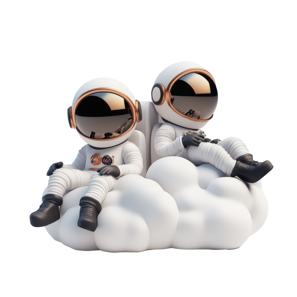 Two cartoon astronauts enjoy a relaxing moment while sitting on fluffy clouds during, 3D Cartoon Astronauts Relaxing on Clouds on transparent background Space Exploration Rest Concept png