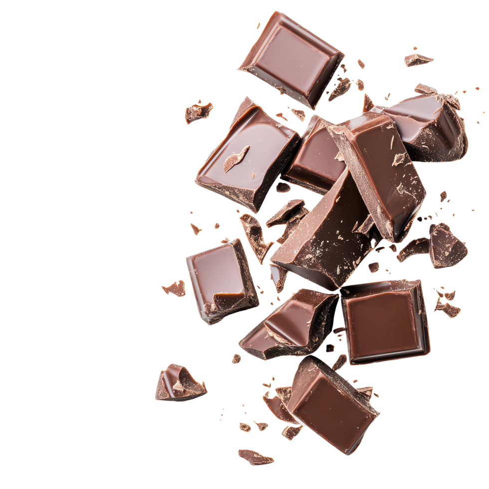 Delicious chocolate pieces scattered over a clean transparent background, perfect for dessert inspiration or recipe ideas, an image showing pieces chocolate over a transparent background png