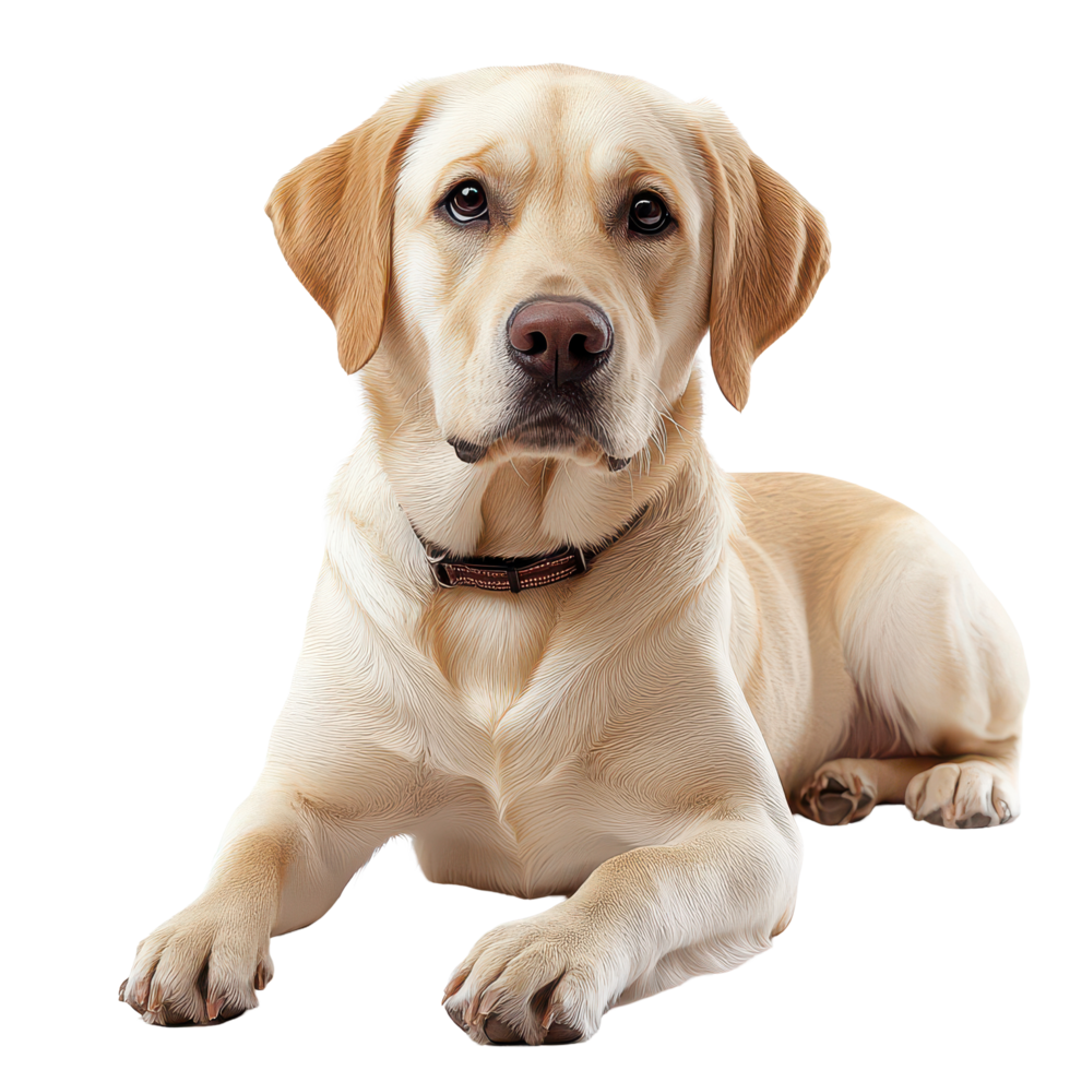 A calm Labrador Retriever resting gracefully on a transparent background in a serene indoor setting, A Labrador Retriever on transparent background png