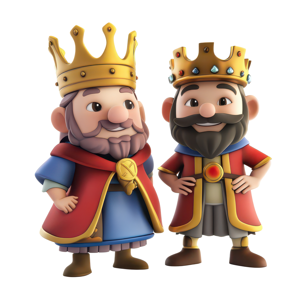 Two cartoon kings stand proudly on a transparent background, showcasing their colorful royal attire and charming expressions, 3D Cartoon Kings Characters on transparent background png