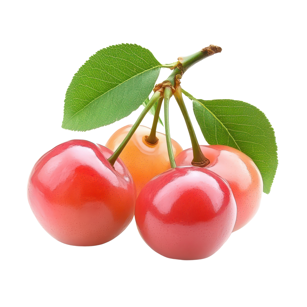 Barbados cherry with green leaves isolated on a transparent background highlighting freshness and vibrant colors, Barbados cherry isolated on transparent background png