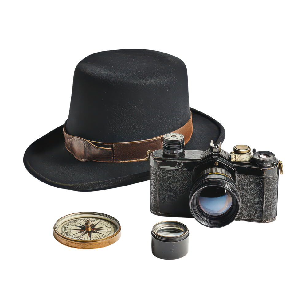 Exploring with black binoculars, a Sherlock Holmes hat, a camera, and a compass for outdoor adventures, Black binoculars, Sherlock Holmes hat, Camera and Compass Isolated on transparent background png