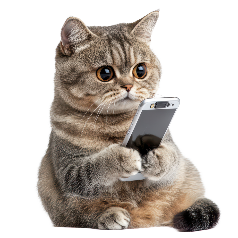 Cat curiously using a smartphone on a transparent background in a playful and engaging manner, A Cat Using a Cell Phone, transparent background. png