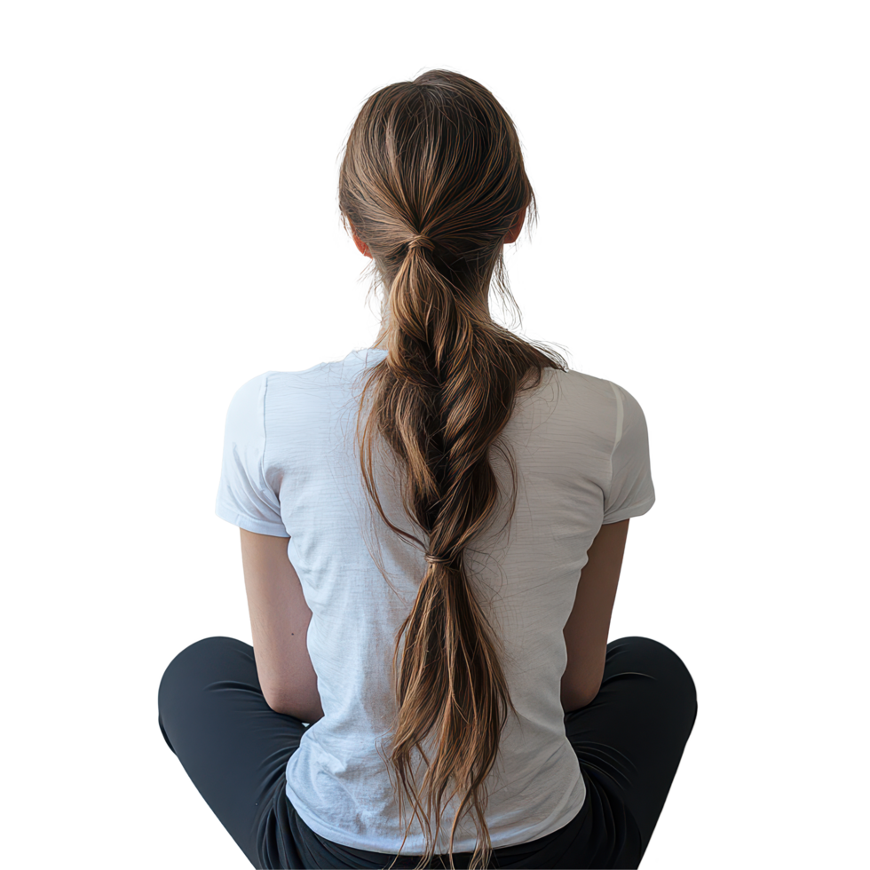 Woman with a ponytail sitting cross legged against a plain wall in a calm and serene atmosphere, Back View Woman Sitting with Ponytail on transparent background png