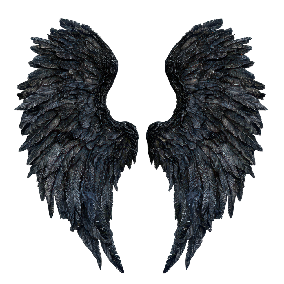 Black demon wings with intricate feather details set against a clean transparent background, Black demon wings isolated on transparent background png