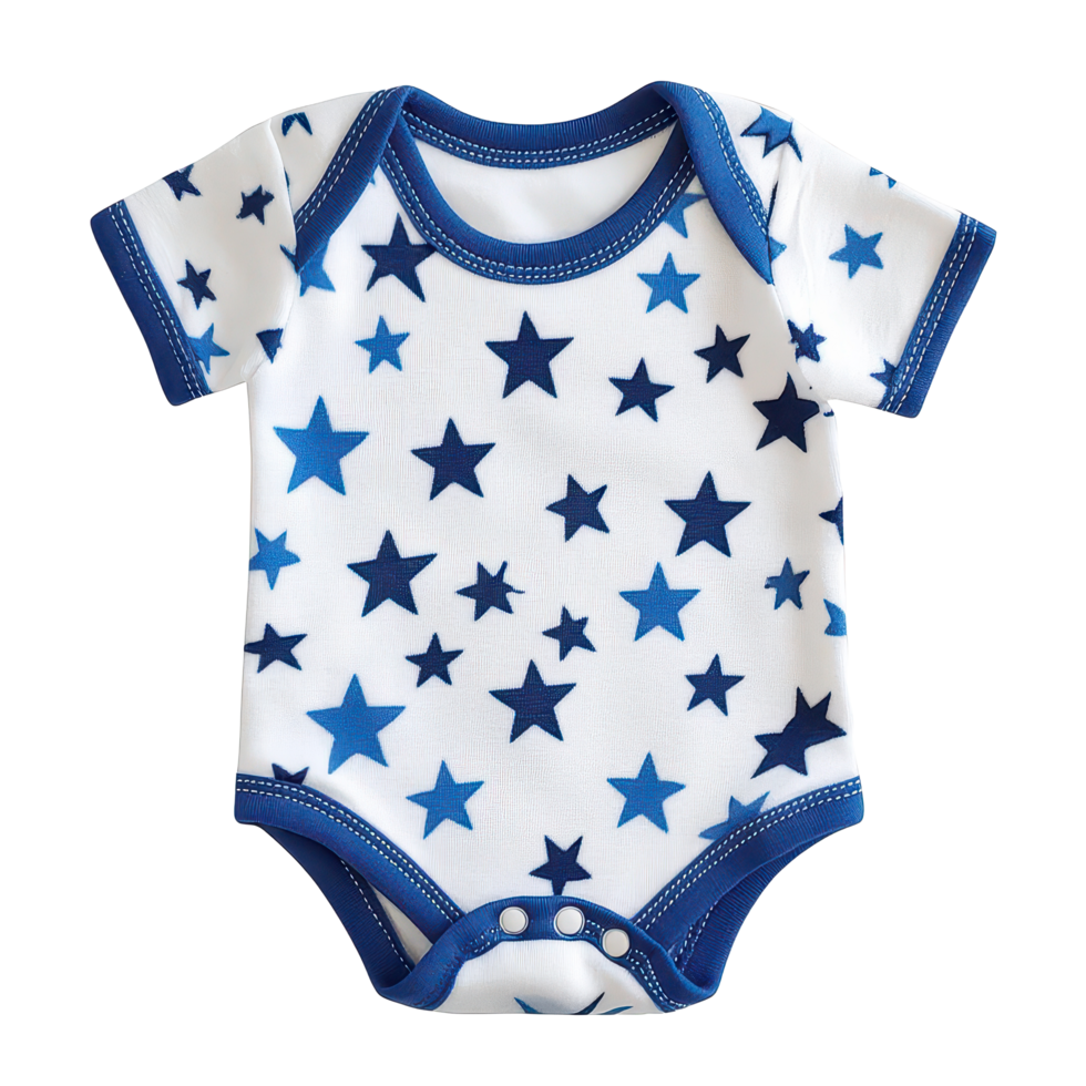 Stylish baby onesie in blue and with stitched stars perfect for playtime in any season, Baby One Piece Onesie Blue and Stitched Stars, transparent background. png