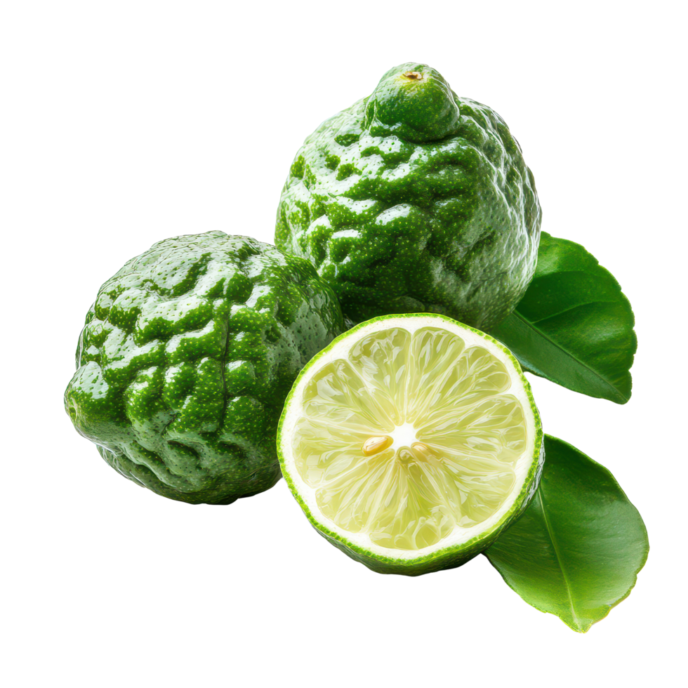 Fresh bergamot and Thai lime with vibrant green leaves on a clean transparent background showcasing natural beauty, bergamot or Thai lime with leaf on transparent background png