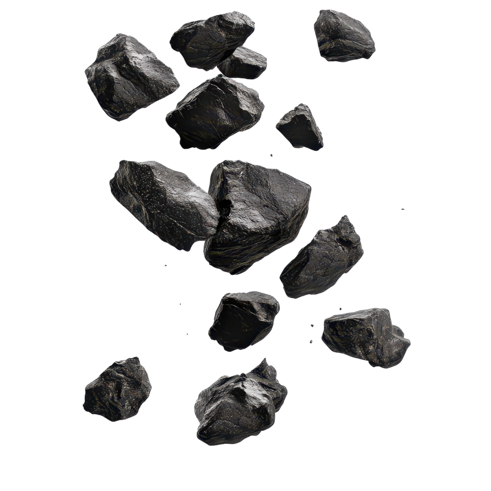 Black rocks levitate and fall in a dynamic display against a transparent background, black rocks falling levitating flying, isolated on transparent background png