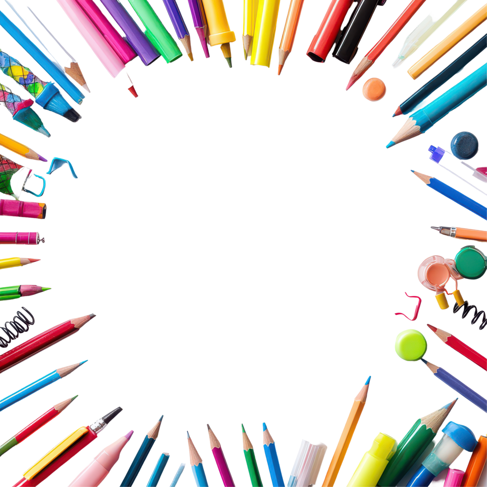 Colorful school stationery supplies arranged on a transparent background ready for creative projects and learning activities, A School colored stationery supplies, transparent background. png