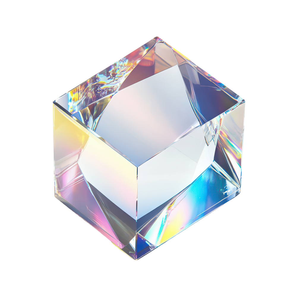 Crystal glass cube showcasing stunning refraction and holographic effects on a light background, 3d crystal glass bubble with refraction and holographic effect isolated on transparent background png