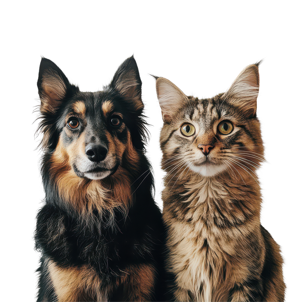A playful dog and a curious cat sit together against a transparent background, showcasing their friendship and charm, A dog and a cat posing together for a picture, transparent background. png