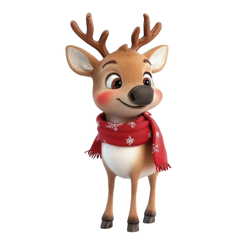Cute Christmas reindeer wearing a red muffler stands cheerfully, ready to spread holiday joy, 3D Cute Christmas Reindeer with Red Muffler Isolated realistic on transparent background png