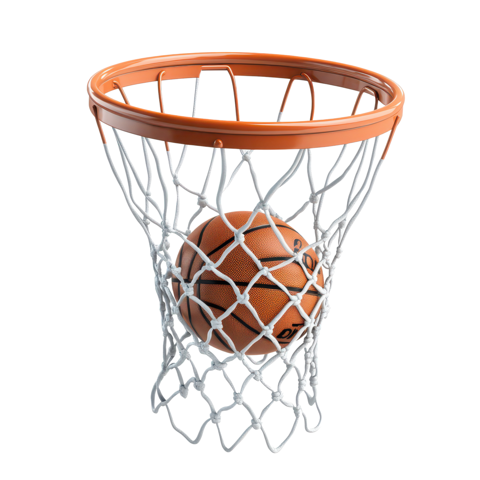 A basketball successfully goes through the net during a thrilling game on the court in the evening, basketball going through the net with a ball in the basket, transparent background. png