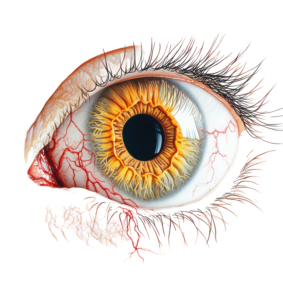 Detailed anatomical closeup of a human eye showing vibrant colors and bloodshot capillaries in bright light, Anatomical Close up a Human Eye with Bloodshot Capillaries, transparent background. png