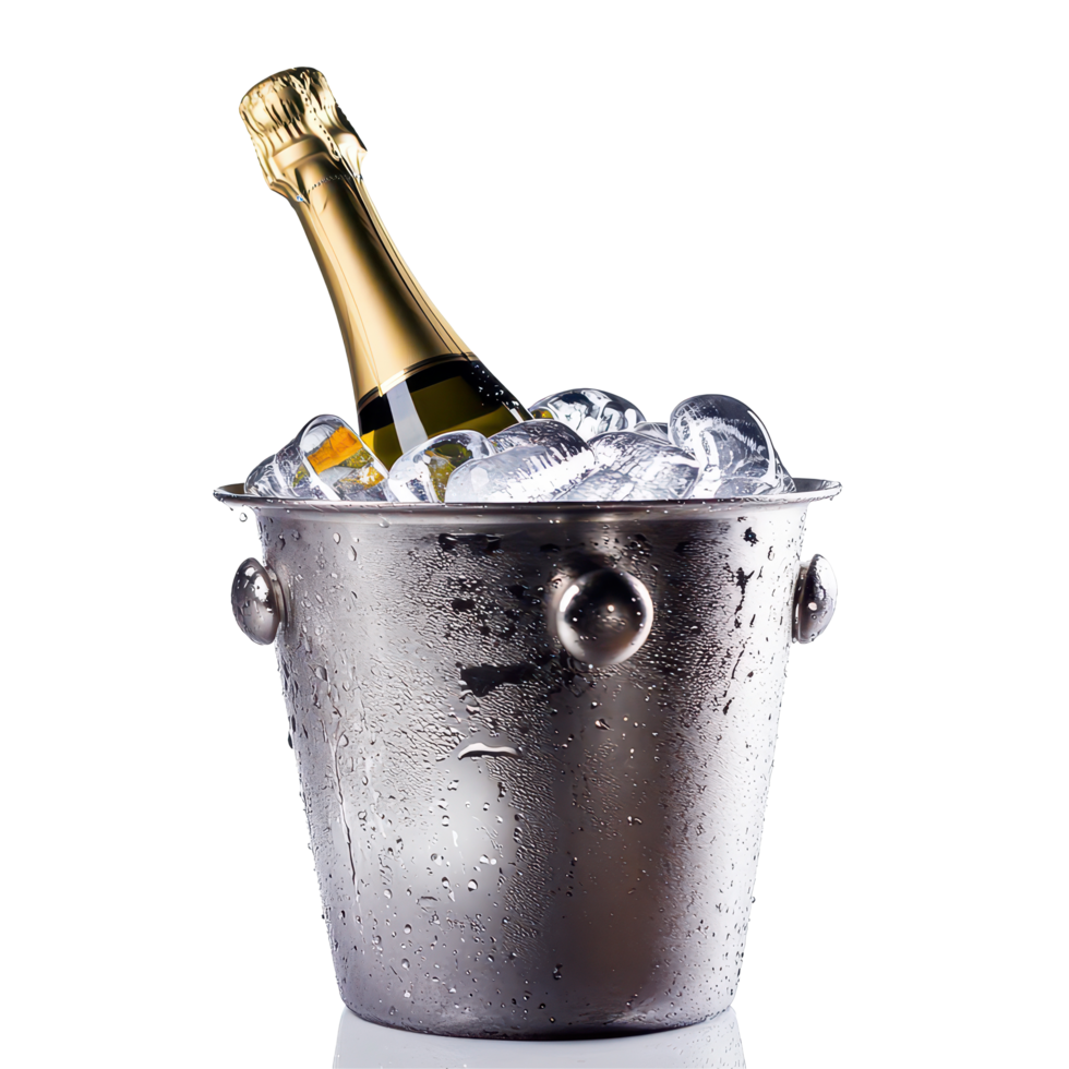 Chilled champagne bottle resting in a bucket of ice, perfect for celebrations at any gathering, A bottle of champagne in a bucket of ice Isolate png