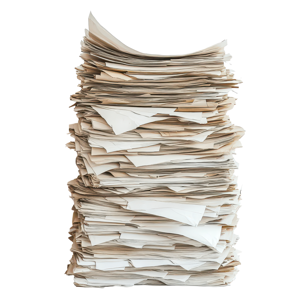 A tall stack of unread papers awaits review in a minimalistic, well lit workspace, A Tower Unread Papers Ready to Be Discovered, transparent background. png