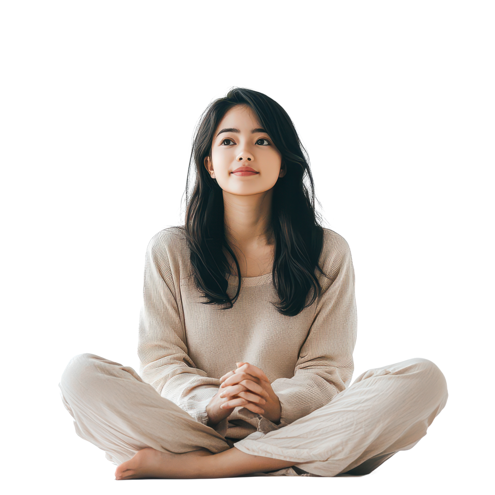 A tranquil Asian woman sitting cross legged in a cozy outfit on a clean transparent background during a serene moment, Asian Women Sitting Cross Legged on transparent background png
