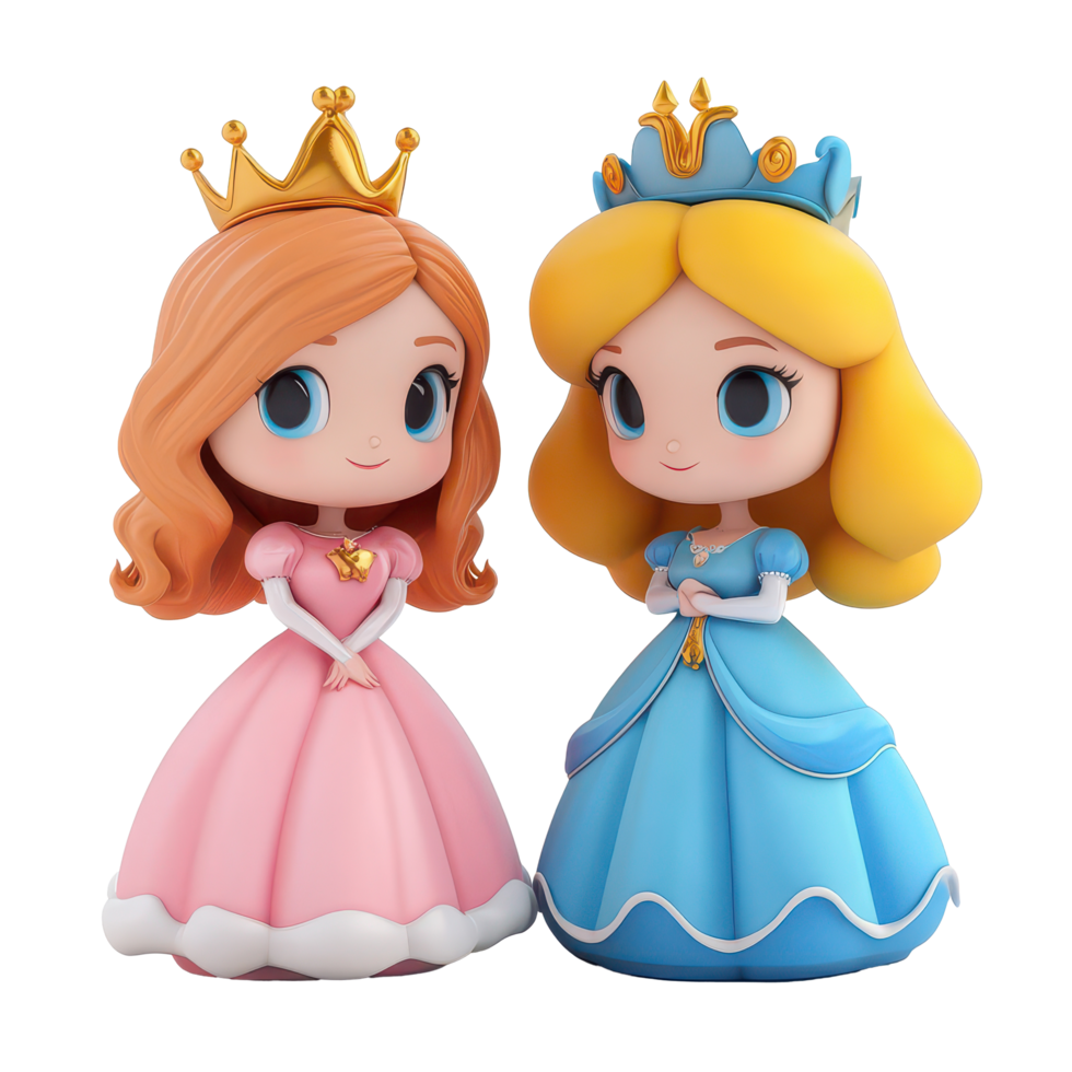 Two cartoon princess characters with crowns on a transparent background showcasing charm and whimsy, 3D Cartoon Princess Characters on transparent background png