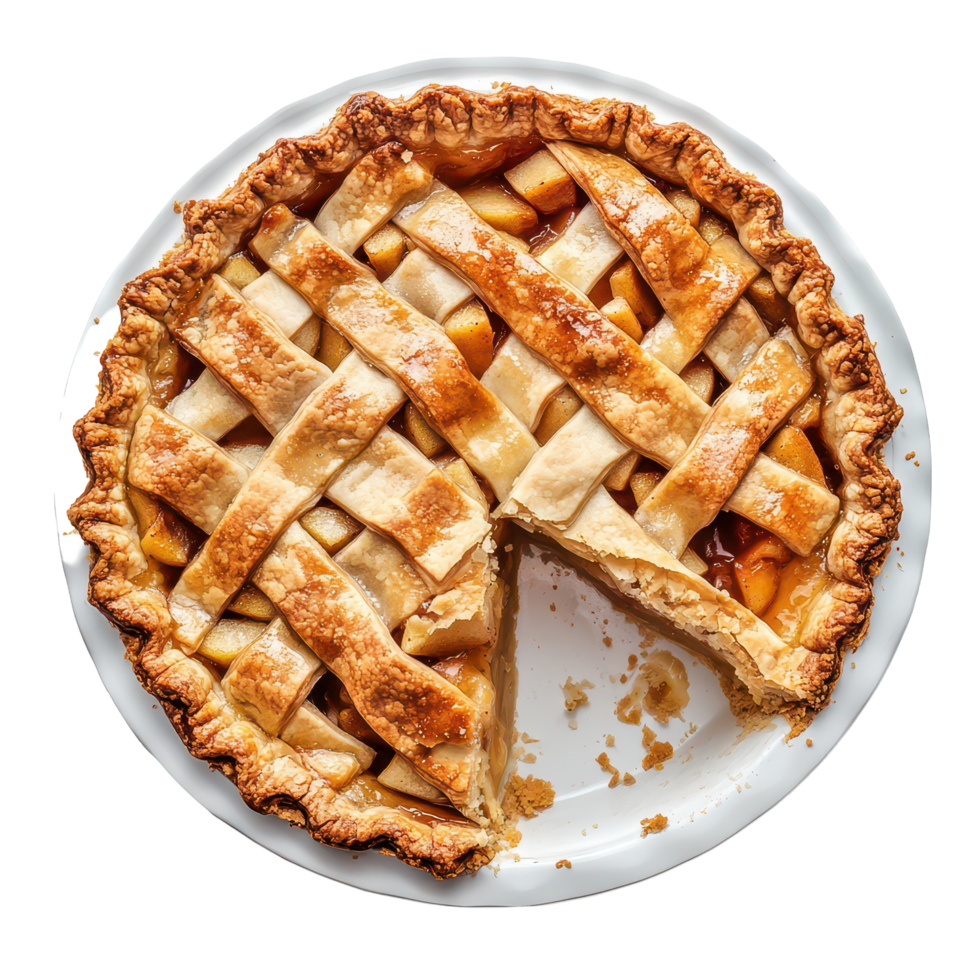 Delicious homemade apple pie with a perfect lattice crust served on a plate, apple pie on a transparent background american pie, transparent background png