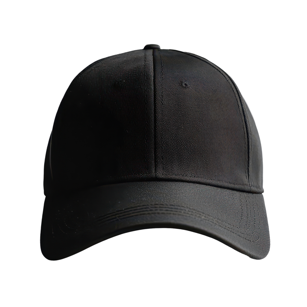Black baseball cap placed against a clean transparent background showcasing its design and style features prominently, Black baseball cap transparent background png