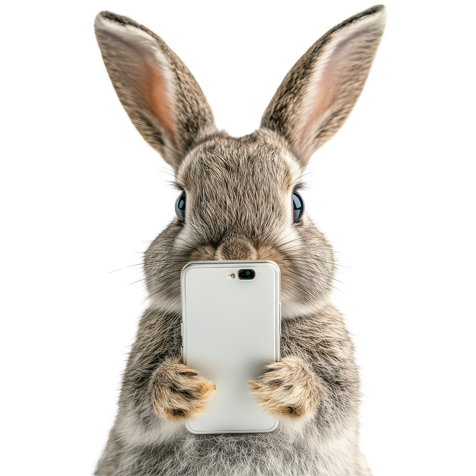 A cute rabbit holds a cell phone up to pose against a clean transparent background, A Cute Rabbit Poses with a Cell Phone, transparent background. png