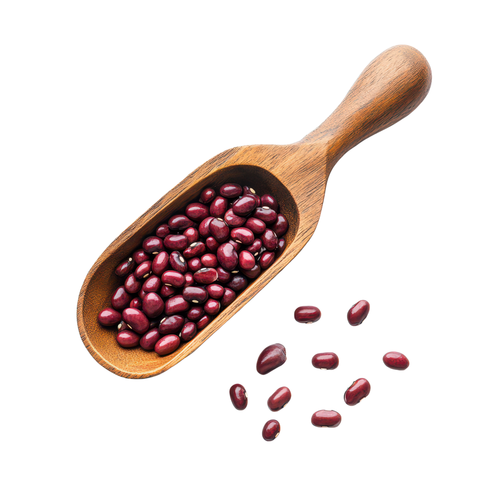 Azuki bean seeds displayed in a wooden scoop with scattered beans on a clean transparent background, Azuki bean or red bean seeds in wood scoop on transparent background png