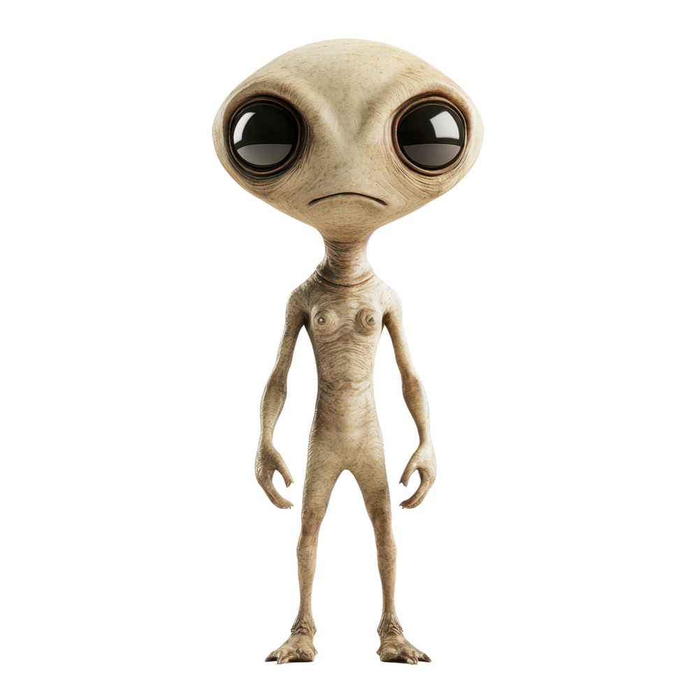 Alien extraterrestrial figure standing alone against a transparent background, showcasing unique features and large eyes, Alien extraterrestrial isolated on transparent background png