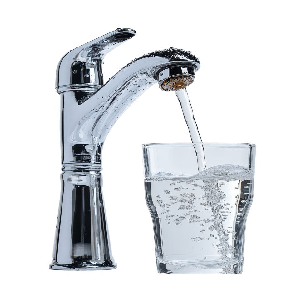A shiny water faucet fills a clear glass with sparkling water against a bright transparent background, a water faucet and a glass water, transparent background. png