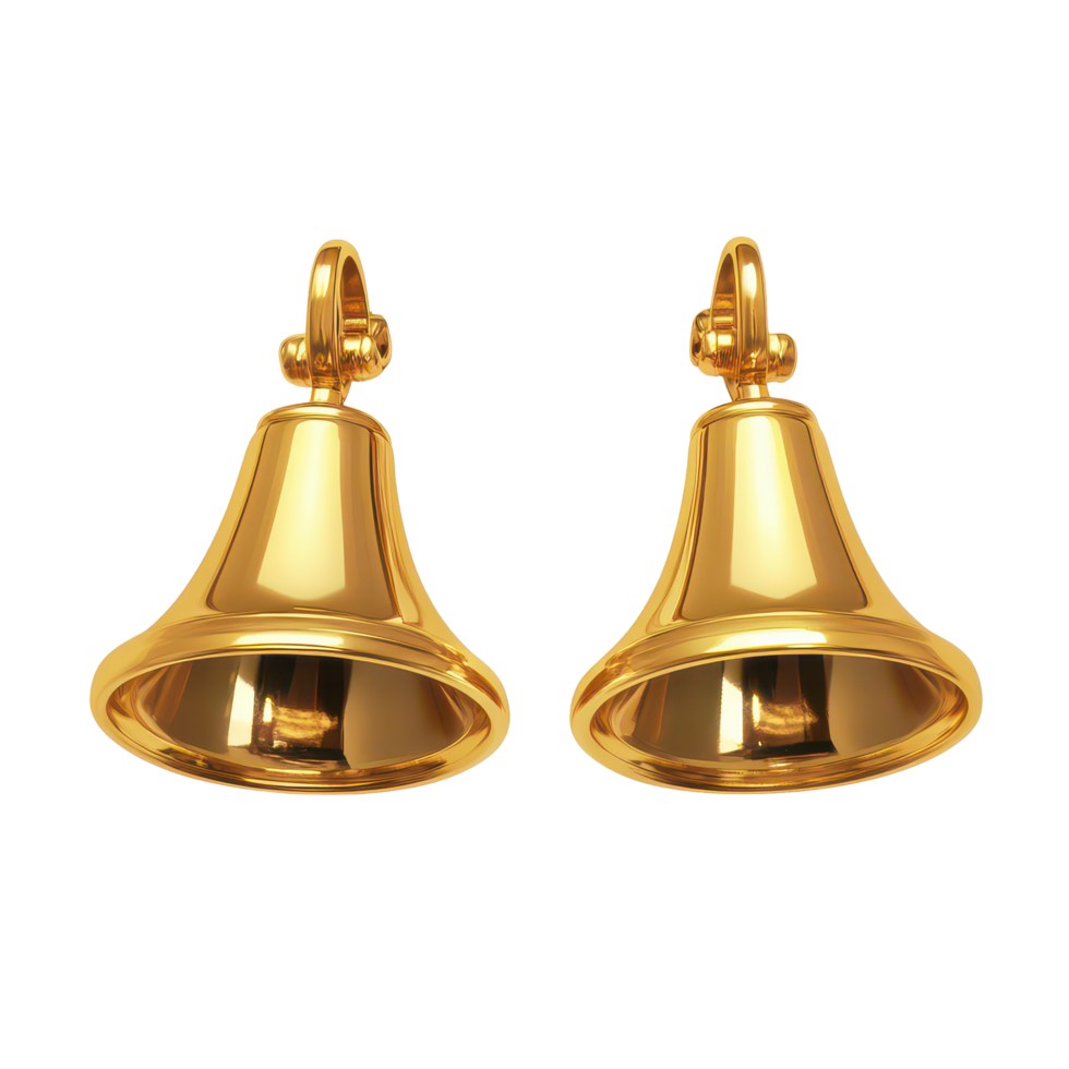 Shiny golden handbells isolated on a bright transparent background showcasing their elegant design and craftsmanship, 2 golden handbells on isolated on transparent background png