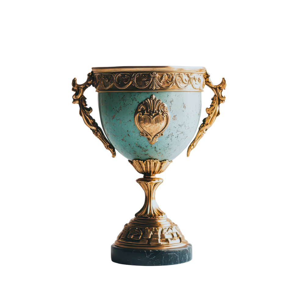 Antique trophy with elegant gold details and a decorative base showcasing vintage craftsmanship, Antique Style Trophy with Gold Details on transparent background png