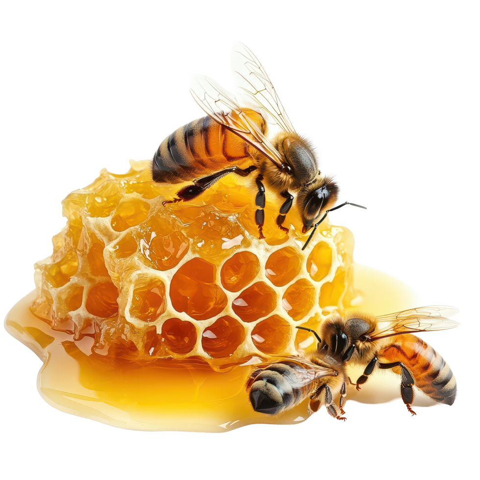 Bees collecting nectar and honeycomb with honey isolated on a transparent background, bees and their honey, isolated on transparent background png