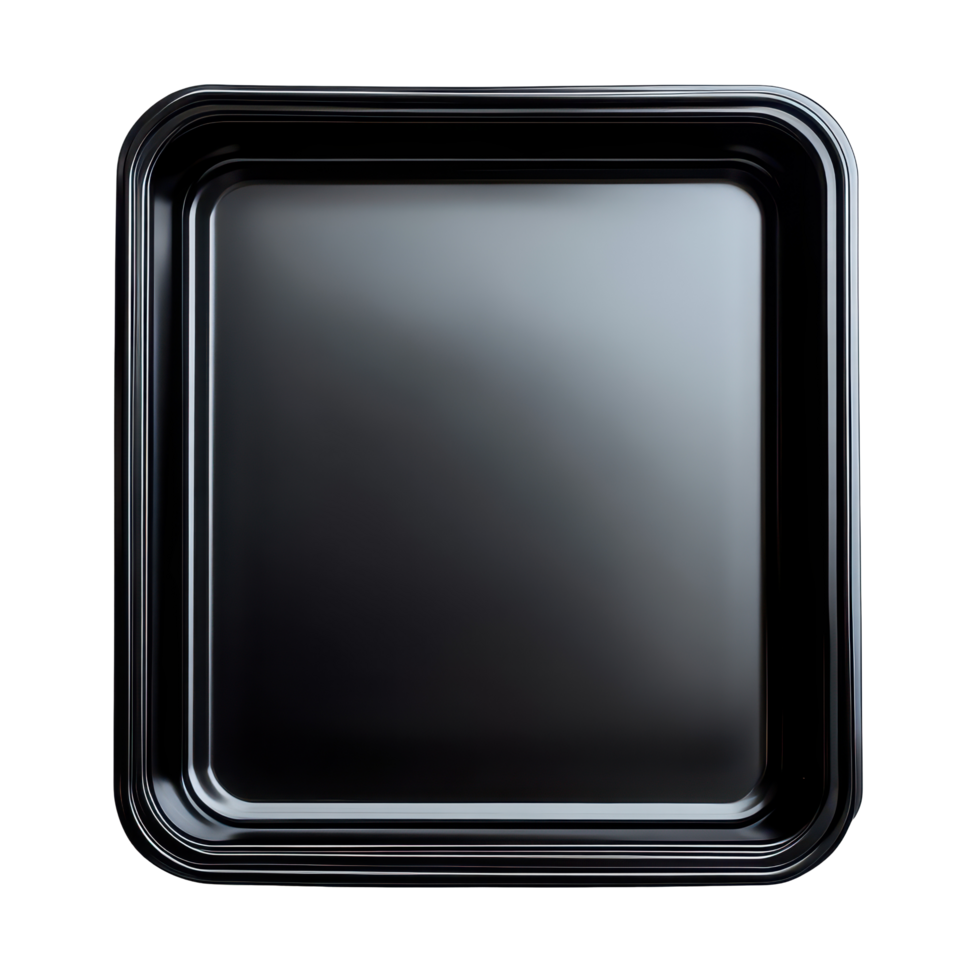 Empty black food tray isolated on a transparent background showcasing simplicity in kitchenware design, Black empty food trayisolated on transparent background png
