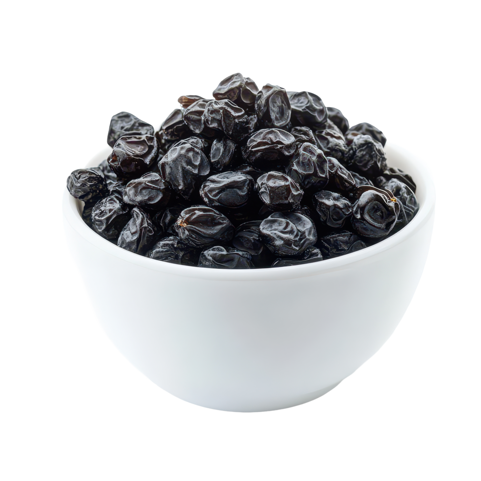 A bowl of dried black raisins isolated on a transparent background showcasing their glossy texture and rich color, Black raisin on bowlisolated on transparent background png