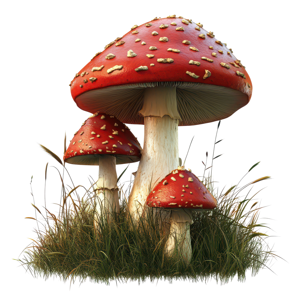 Realistic red fly agaric mushrooms growing among lush green grass in a serene outdoor setting during daylight, 3d realistic red fly agaric mushrooms in the grass, transparent background. png
