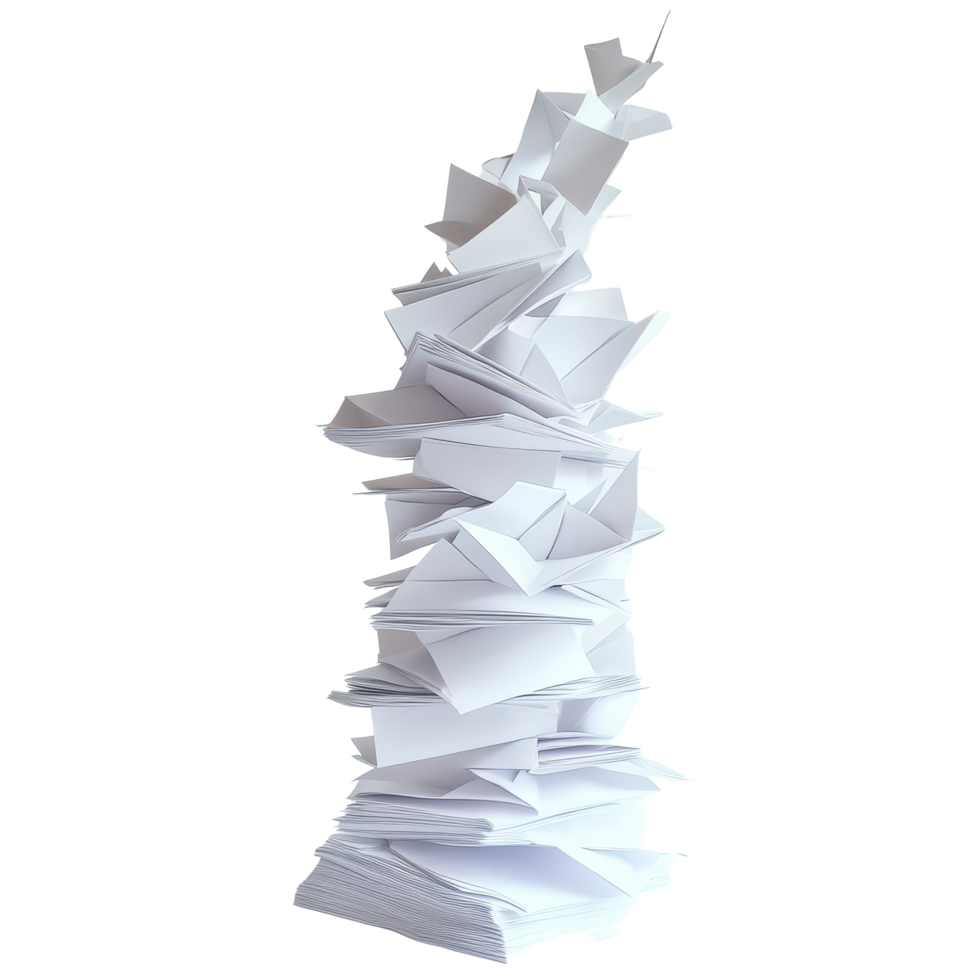 Organized chaos towers a visual metaphor for creativity and disorder in a minimalist workspace, A Tower Paper A Visual Metaphor for Organized Chaos, transparent background. png