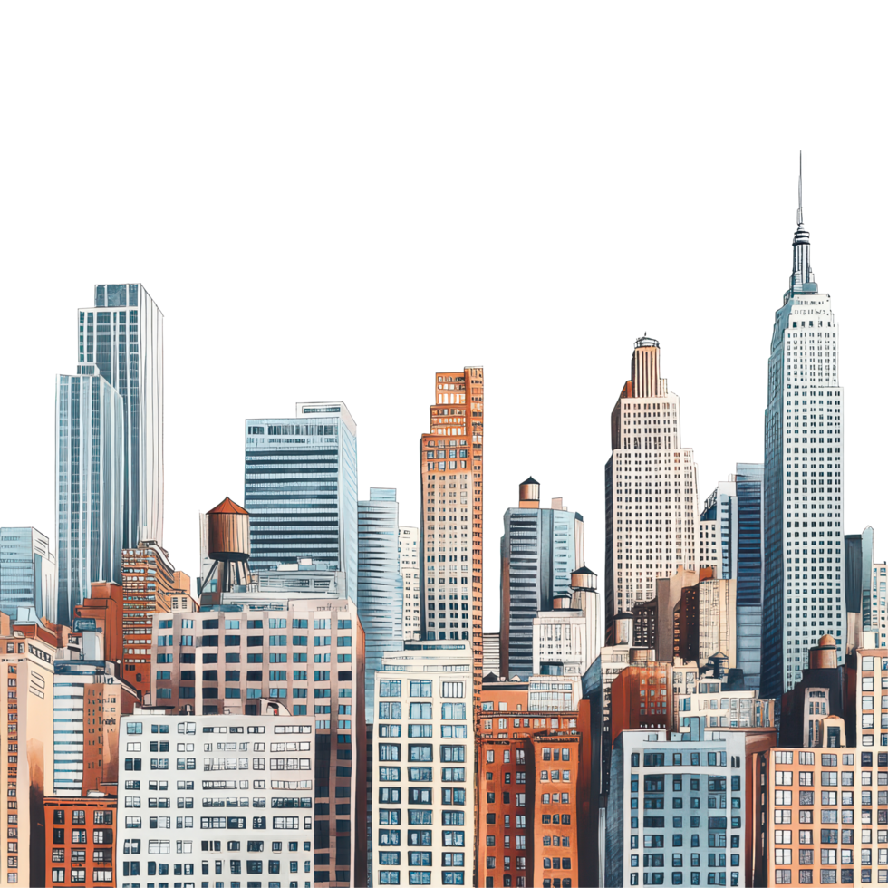 A vibrant city skyline showcasing diverse architectural styles and towering buildings during daylight hours, a city skyline with tall buildings in close proximity, transparent background. png