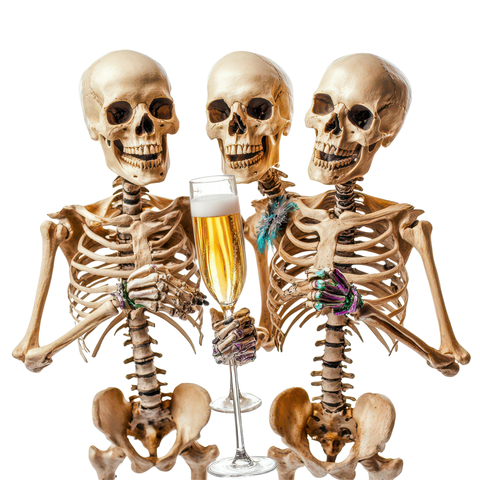 Skeletons celebrating New Year s Eve with champagne in December, bringing a fun twist to the holiday, 31 December New Year s Eve Skeletons with Champagne on transparent background png